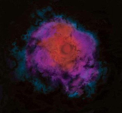 This artist's conception shows what an invisible _dark star_ might look like when viewed in infrared light that it emits as heat. The core is enveloped by clouds of hydrogen and helium gas. **Credits**: University of Utah.