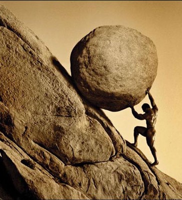 The myth of Sisyphus: he moves the boulder from the bottom of the mountain to the top, only to have the boulder reappear at the bottom, so that he may start over.